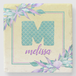Ombre Mermaid Scales Monogram | Waterverf Floral Stenen Onderzetter