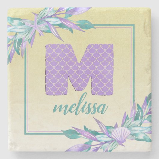 Ombre Mermaid Scales Paarse Waterverf Monogram Stenen Onderzetter (Voorkant)
