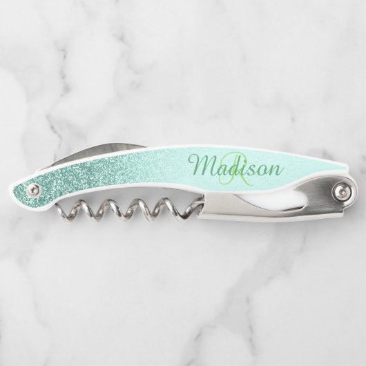 Ombre Mint Green Fading Stylish Monogram Glitter Kurkentrekker (Achterkant)