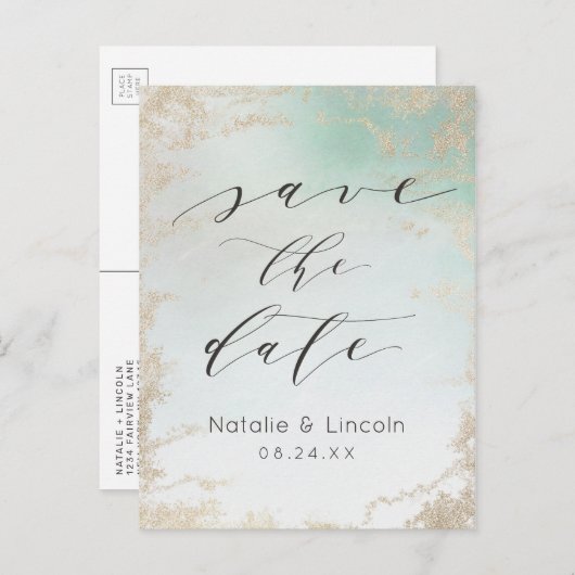 Ombre Mint Green Frosted Gold Folie Bewaar de datu Aankondigingskaart (Voorkant / Achterkant)