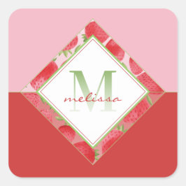 Ombre Monogram + Aardbei Rood & Groen + Roze Vierkante Sticker