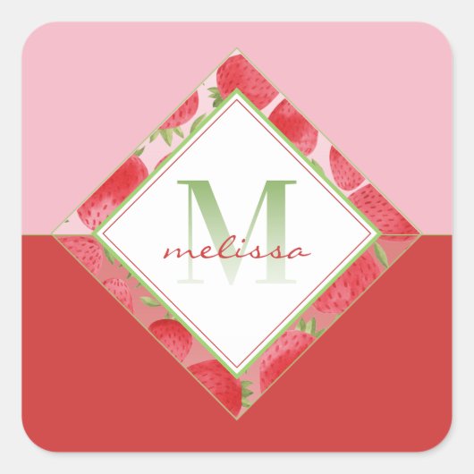 Ombre Monogram + Aardbei Rood & Groen + Roze Vierkante Sticker (Voorkant)