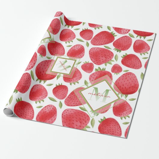 Ombre Monogram + aardbeien Rood & Groen + Roze Cadeaupapier (Uitgerold)