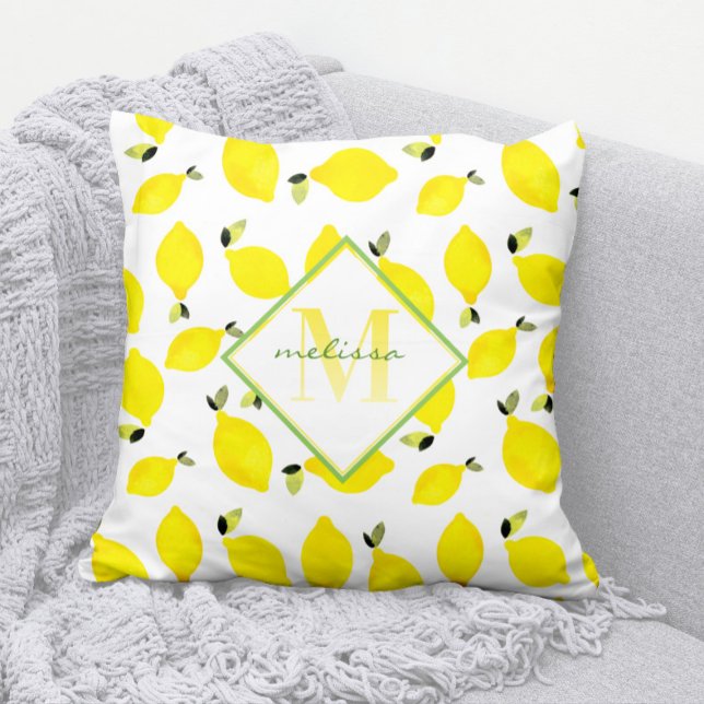 Ombre Monogram Bright Lemons Geel Groen Wit Kussen (Modern Lemon Pattern Monogram Pillow with Name)