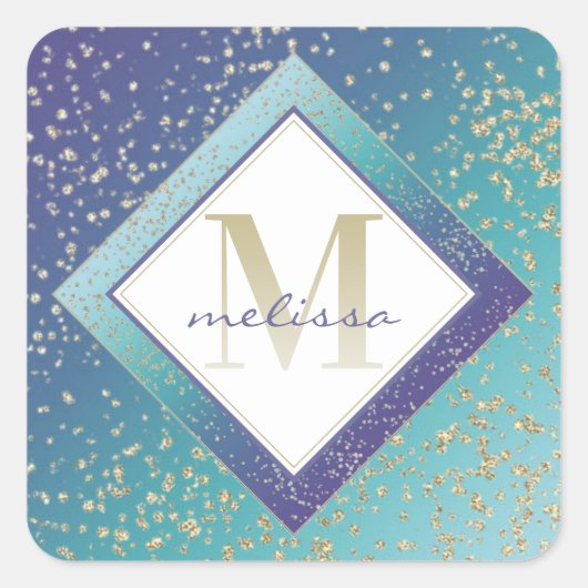 Ombre Monogram Mermaid Blauwgroen Paars Gold Fairy Vierkante Sticker (Voorkant)