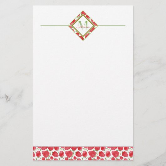 Ombre monogram | Zomeraardbeien + groen Briefpapier (Voorkant)