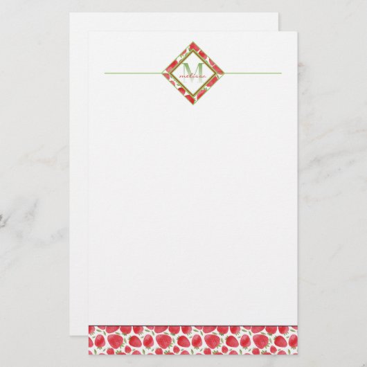 Ombre monogram | Zomeraardbeien + groen Briefpapier (Voorkant / Achterkant)
