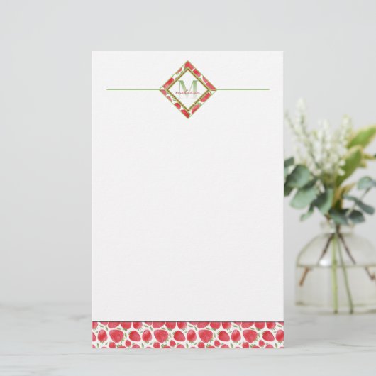 Ombre monogram | Zomeraardbeien + groen Briefpapier (Staand voorkant)