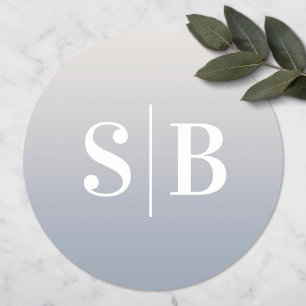 Ombre Monogrammed Off-White & Dusty Blue Wedding Ronde Sticker