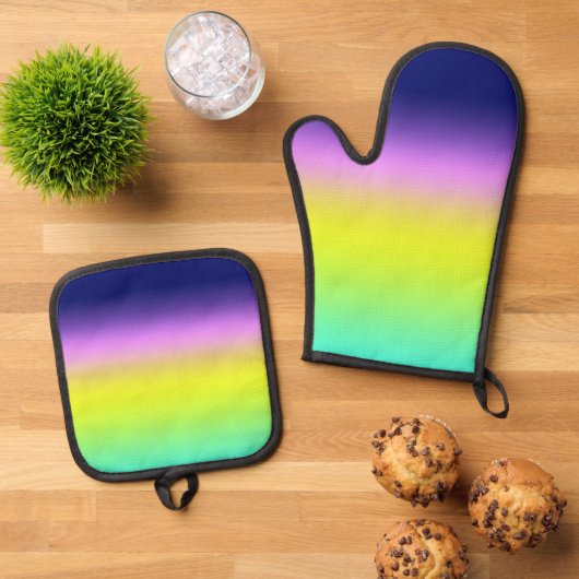 Ombre paars gele lente zomerkleuren ovenwant & pannenlap set (Top down)