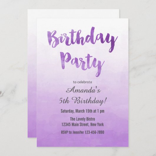 Ombre Paarse Waterverf Birthday Uitnodiging (Voorkant / Achterkant)