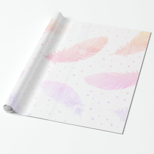 *~* Ombre Pink Peach Lavender Feathers op White Cadeaupapier (Uitgerold)