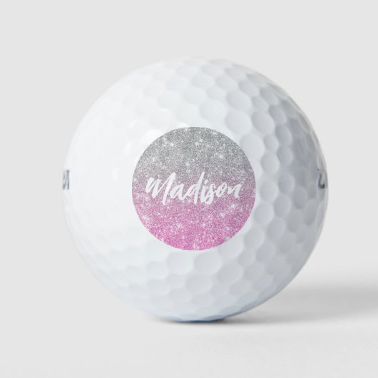 Ombre Pink Silver Glitter Calligraphy Name Golfballen (Voorkant)