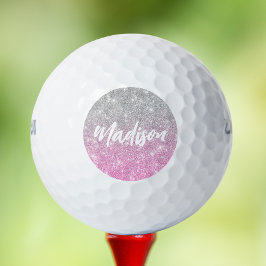 Ombre Pink Silver Glitter Calligraphy Name Golfballen