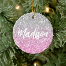 Ombre Pink Silver Glitter Calligraphy Name Keramisch Ornament