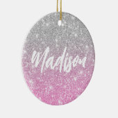 Ombre Pink Silver Glitter Calligraphy Name Keramisch Ornament (Rechts)
