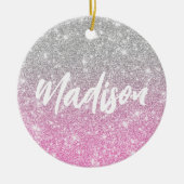 Ombre Pink Silver Glitter Calligraphy Name Keramisch Ornament (Voorkant)