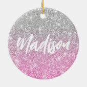 Ombre Pink Silver Glitter Calligraphy Name Keramisch Ornament (Achterkant)