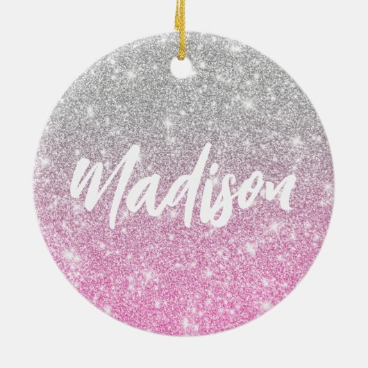 Ombre Pink Silver Glitter Calligraphy Name Keramisch Ornament (Achterkant)