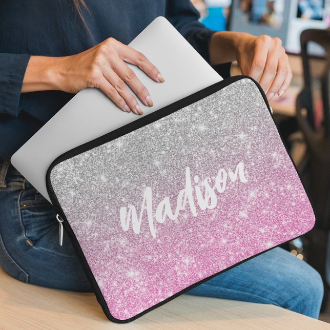 Ombre Pink Silver Glitter Calligraphy Name Laptop Sleeve (Creator heeft geüpload)