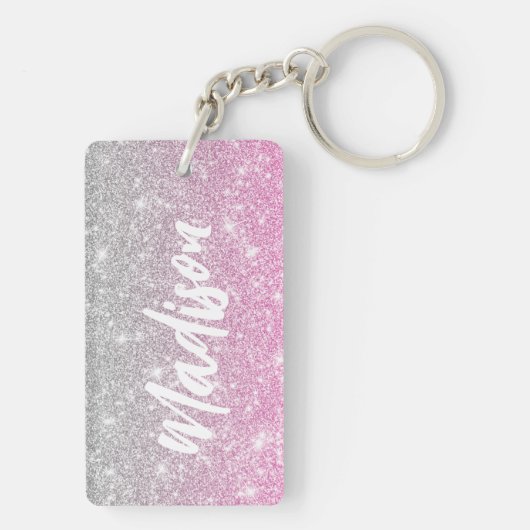 Ombre Pink Silver Glitter Calligraphy Name Sleutelhanger (achterkant)