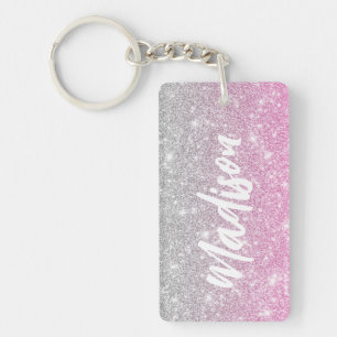 Ombre Pink Silver Glitter Calligraphy Name Sleutelhanger