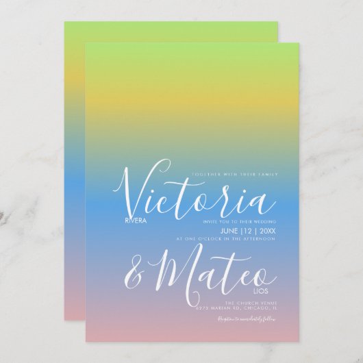 Ombre Rainbow Yellow Blue Pink Wedding Invitation Kaart (Voorkant / Achterkant)