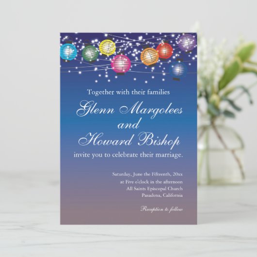 Ombre regenboog lantaarns bruiloft uitnodiging (Staand voorkant)