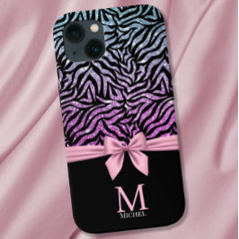 Ombre roze-blauw Glitter Zebra Strepen Bow Monogra Case-Mate iPhone Case
