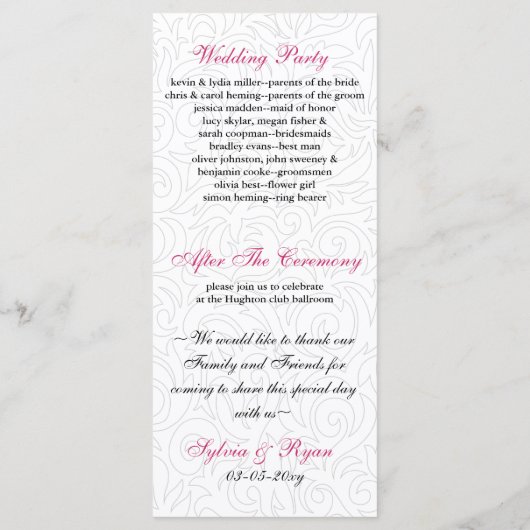 ombre roze en Black Swirling Border Wedding Programmakaart (Achterkant)