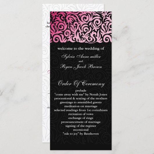 ombre roze en Black Swirling Border Wedding Programmakaart (Voorkant / Achterkant)