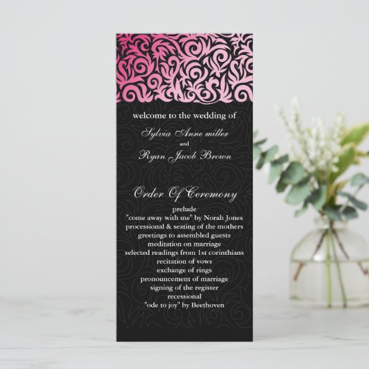 ombre roze en Black Swirling Border Wedding Programmakaart (Staand voorkant)
