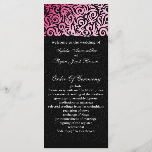 ombre roze en Black Swirling Border Wedding Programmakaart (Voorkant)