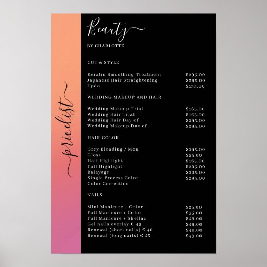 Ombre, Roze, Sinaasappel & Zwart Pricelist Salon P Poster (Voorkant)