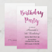 Ombre Roze Waterverf Verjaardagsuitnodiging Kaart (Voorkant / Achterkant)