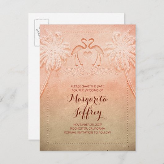 Ombre schattig flamingo strand opslaan de datum br aankondigingskaart (Voorkant / Achterkant)