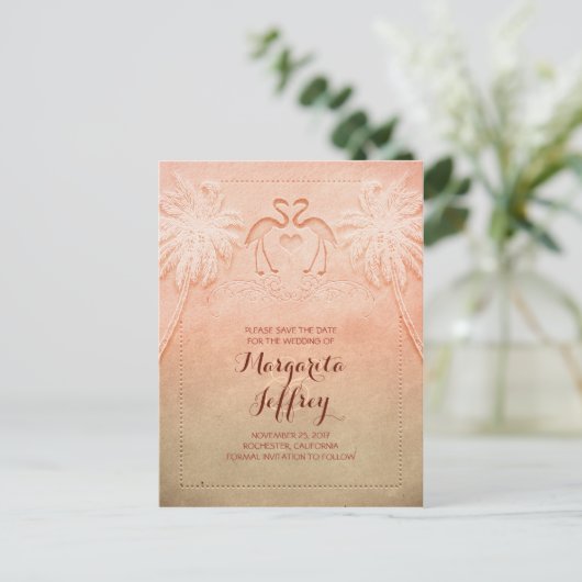 Ombre schattig flamingo strand opslaan de datum br aankondigingskaart (Staand voorkant)