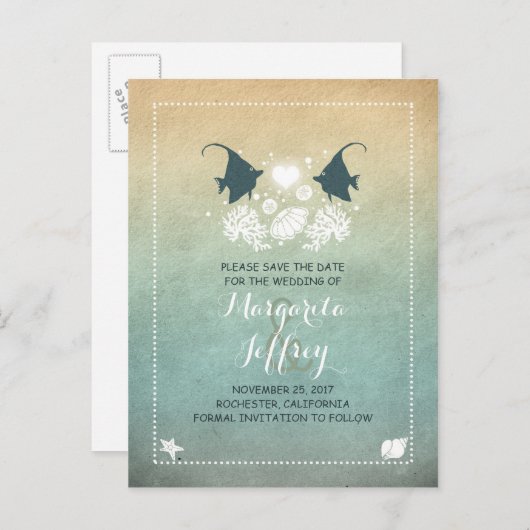 Ombre schattig strand save the date briefkaarten (Voorkant / Achterkant)