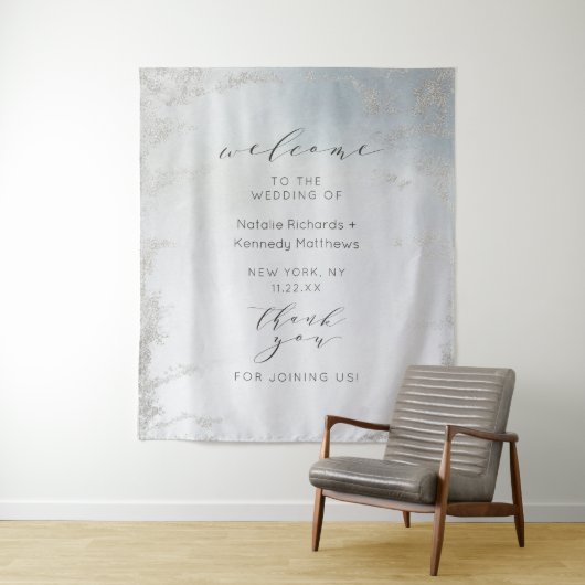 Ombre Stofblauw Mat Zilver Bruiloft Welkom Wandkleed (In situ)