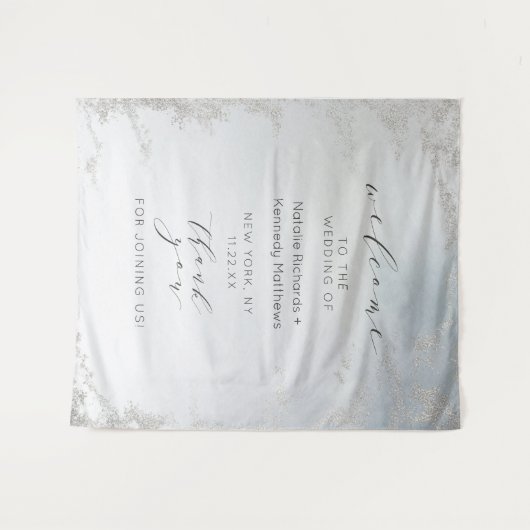 Ombre Stofblauw Matgeslepen Zilver Bruiloft Welkom Wandkleed (Voorkant (horizontaal))