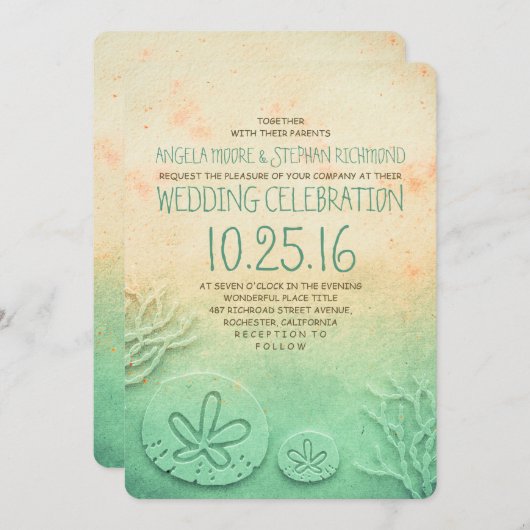 Ombre strand bruiloft uitnodigingen - blos blauwgr (Voorkant / Achterkant)