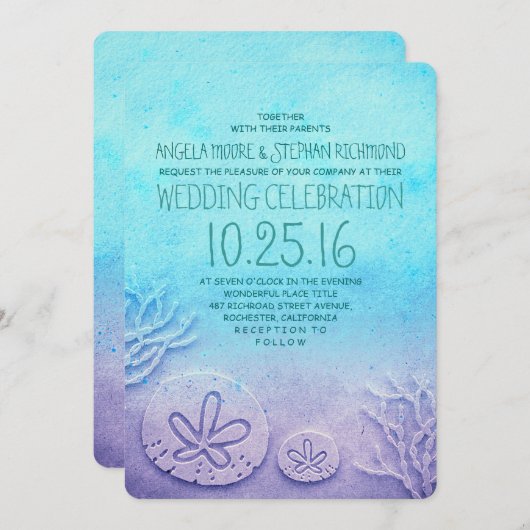 Ombre strand bruiloft uitnodigingen - turquoise bl (Voorkant / Achterkant)