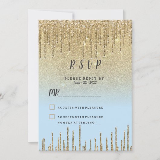 Ombre teal gold glitter drips script RSVP  Kaart (Voorkant)
