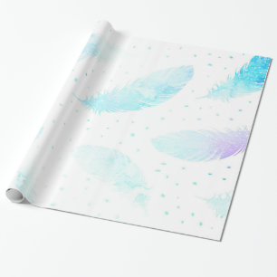 *~* Ombre Turquoise Blue Magenta Feathers op White Cadeaupapier