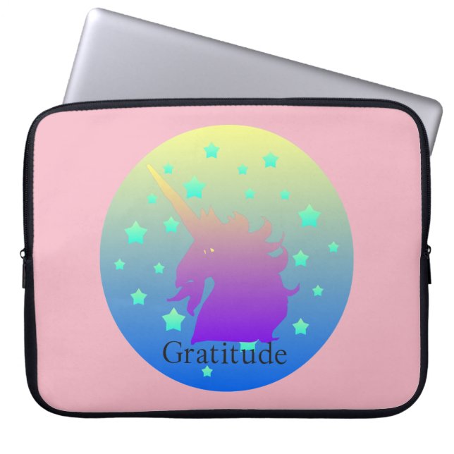 Ombre unicorn met woord dankbaarheid laptop sleeve (Voorkant)