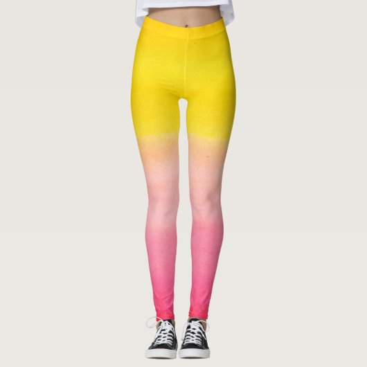 Ombre Waterverf Aangepaste roze en gele Leggings (Voorkant)