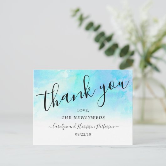 Ombre Waterverf bruiloft dank u Briefkaarten- blau Aankondigingskaart (Staand voorkant)