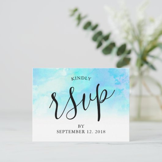 Ombre Waterverf bruiloft RSVP Briefkaart - Blauw (Staand voorkant)