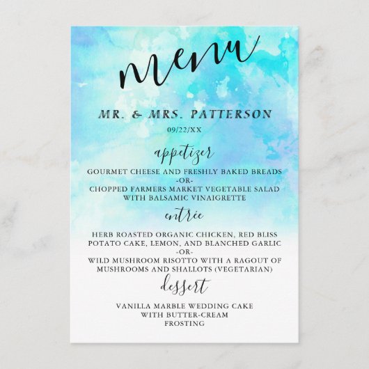 Ombre Waterverf Wedding Menu Kaarten - Blauw (Voorkant)