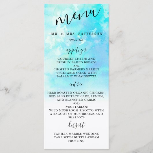 Ombre Waterverf Wedding Menu Kaarten - Blauw (Voorkant)